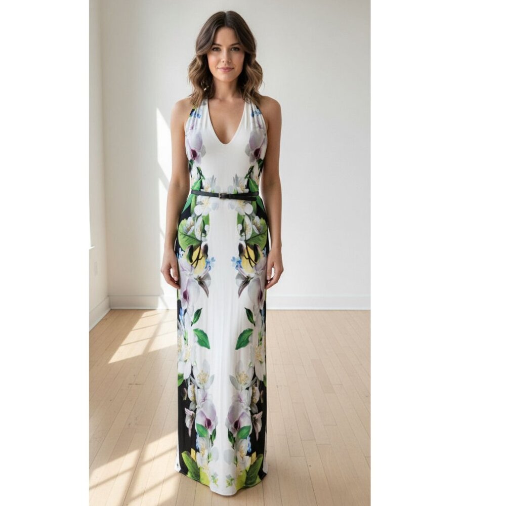 Ted Baker London "Torus" Floral Maxi Dress White & Multi Womens Size 3 TB / 8 US